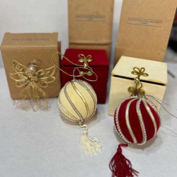 Radiant Holiday Ornament Set - Angel Ruby & Ivory Baubles With Tassels Velvet & - Picture 4 of 5